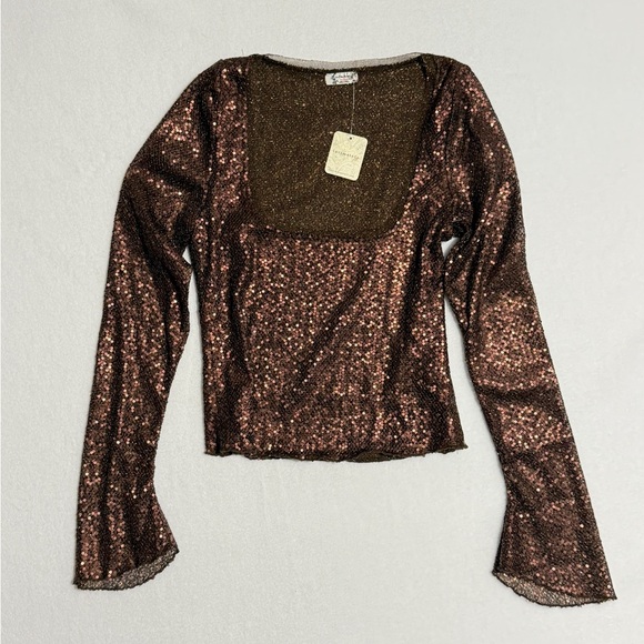 Free People Size M Brown Sequin Blouse - Picture 3 of 7